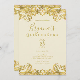 Ivory Cream Gold Lace Elegantes Quinceañera Party Einladung