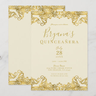 Ivory Cream Gold Lace Elegantes Quinceañera Party Einladung