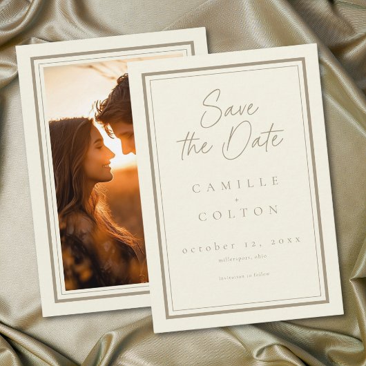 Ivory Cream Minimalist Frame Wedding Photo Save The Date