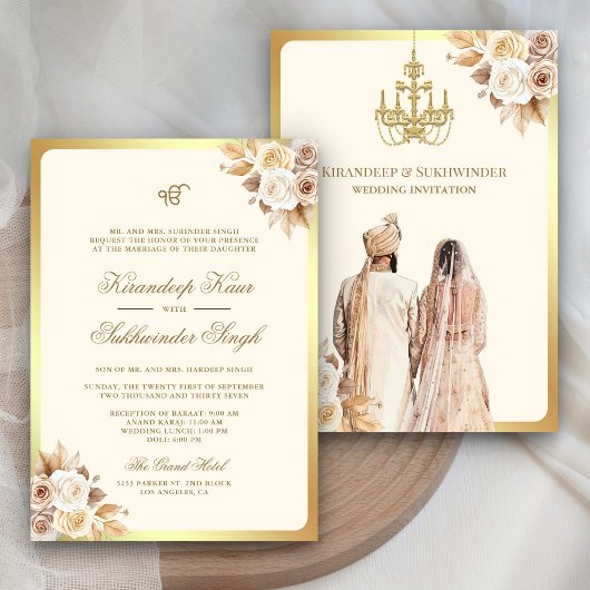 Ivory Cream Rose Floral Anand Karaj Sikh Wedding Einladung
