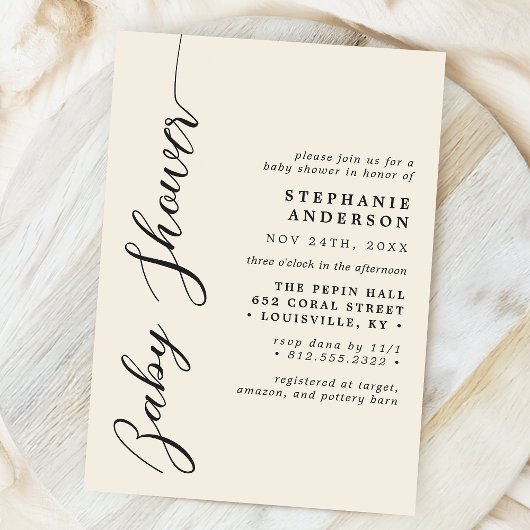 Ivory Cream Simple Modern Script Baby Shower Einladung