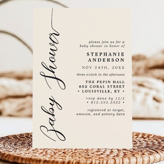 Ivory Cream Simple Modern Script Baby Shower Einladung