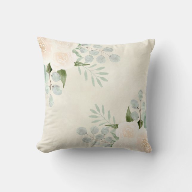 Ivory Cream Watercolor Rose & Eukalyptus-Blätter Kissen (Vorderseite)