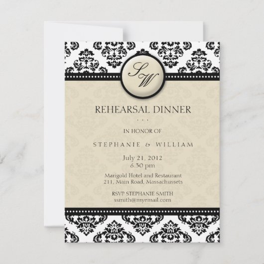 Ivory Damask Monogram Probe Dinner Card Einladung (Vorderseite)