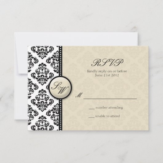 Ivory Damask Monogram Wedding RSVP Karte (Vorderseite)