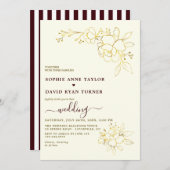 Ivory Deep Burgundy Stripes Gold Floral Wedding Einladung (Vorne/Hinten)