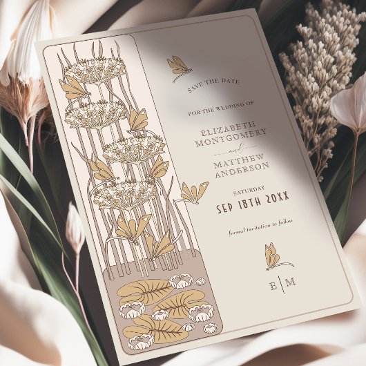 Ivory Dragonfly Save the Date Belle Epoque Nouveau Einladung