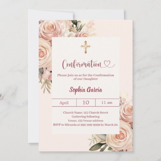 Ivory dusty rose florals Confirmation Einladung (Vorderseite)