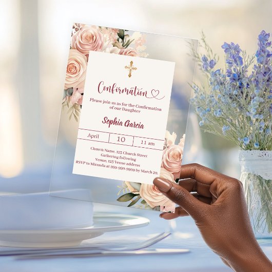 Ivory dusty rose florals luxury Confirmation Acryleinladungen