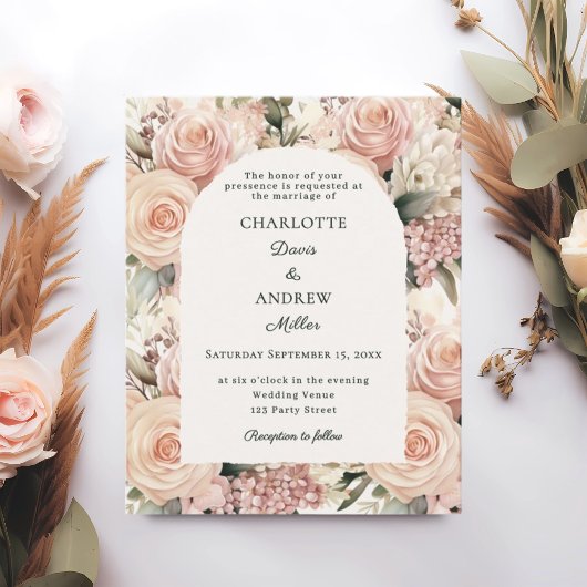 Ivory dusty rose mauve florals wedding invitation