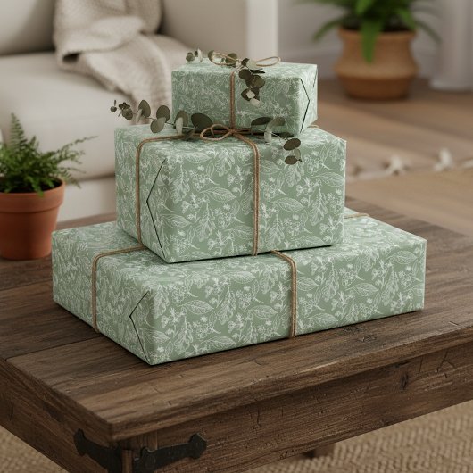 Ivory Ecru Verlasse Blumenmuster auf der Bühne Grü Geschenkpapier