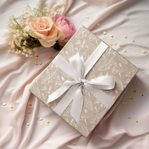 Ivory Ecru Verlasse Blumenmuster auf Taupe Brown Geschenkpapier