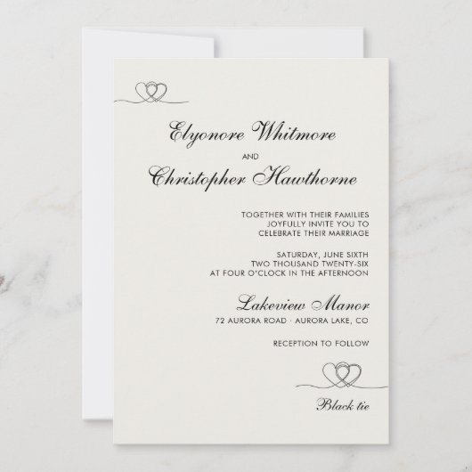 Ivory Elegant Hearts Calligraphy Wedding Einladung (Vorderseite)