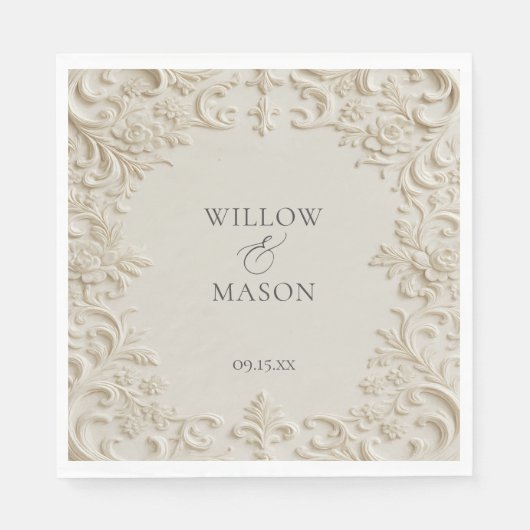 Ivory Embossed Scroll Floral Wedding Napkins Serviette (Vorderseite)
