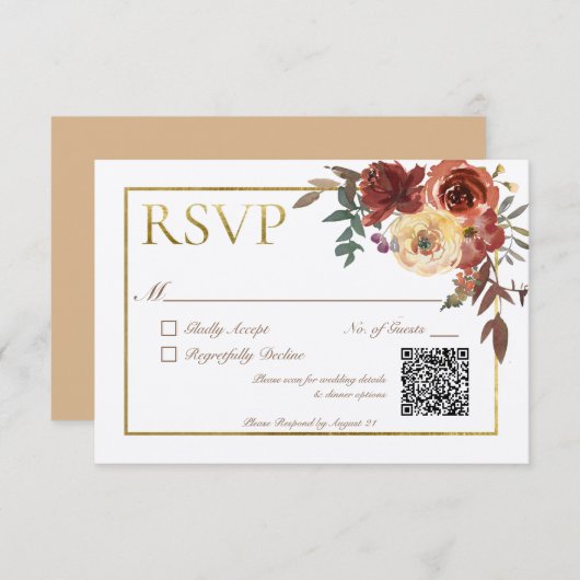 Ivory Fall Floral Bouquet mit Gold QR Code RSVP Karte (Vorne/Hinten)