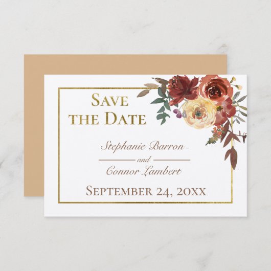 Ivory Fall Floral Bouquet mit GoldWedding Save The Date (Vorne/Hinten)