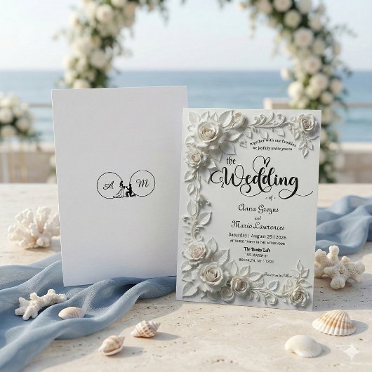 Ivory Faux Plaster Relief Roses Formal Wedding  Einladung