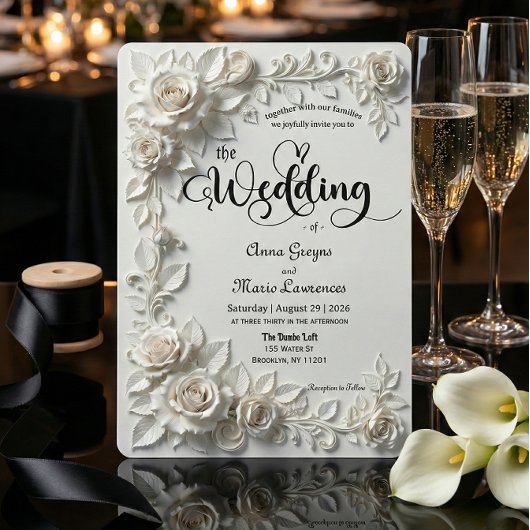 Ivory Faux Plaster Relief Roses Formal Wedding  Einladung