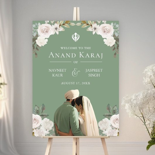 Ivory Floral Anand Karaj Sikh Wedding Welcome Sign Poster