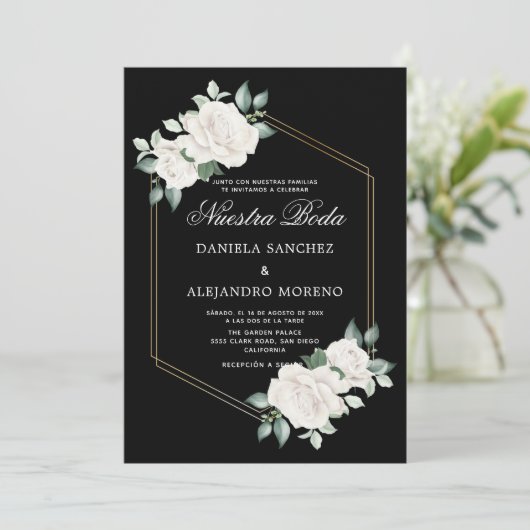 Ivory Floral Black Nuestra Boda Spanish Wedding Einladung (Stehend Vorderseite)