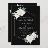 Ivory Floral Black Nuestra Boda Spanish Wedding Einladung (Vorne/Hinten)
