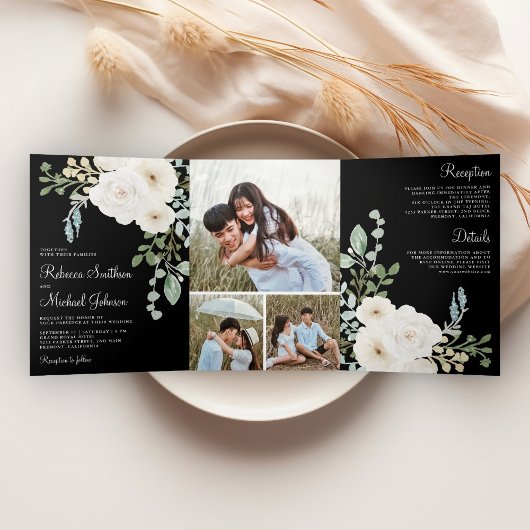 Ivory Floral Black Photo Collage Wedding Dreifach Gefaltete Einladung