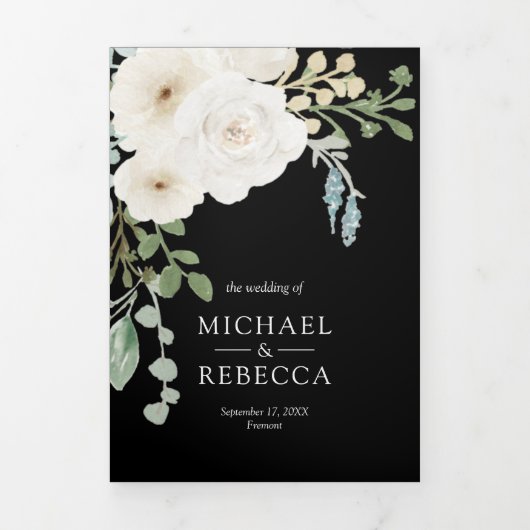 Ivory Floral Black Photo Collage Wedding Dreifach Gefaltete Einladung (Cover)