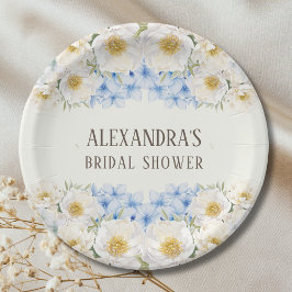 Ivory Floral Blue Hydrangea Garden Bridal Shower Pappteller