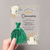 Ivory Floral Emerald Green Gown Gold Quinceanera Acryleinladungen (Insitu (Handheld))
