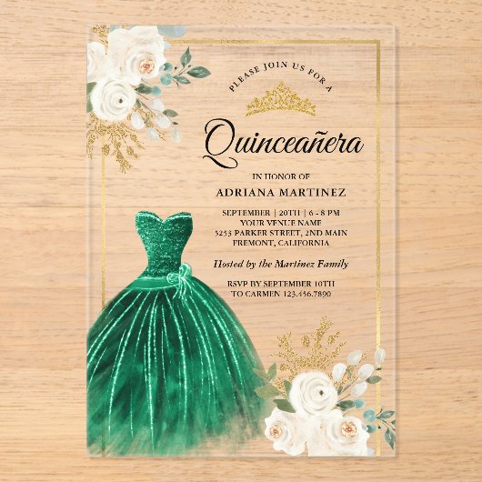 Ivory Floral Emerald Green Gown Gold Quinceanera Acryleinladungen (Vorderseite)