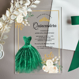 Ivory Floral Emerald Green Gown Gold Quinceanera Acryleinladungen