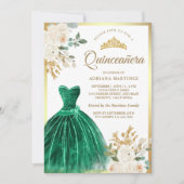 Ivory Floral Emerald Green Gown Gold Quinceanera Einladung (Vorderseite)