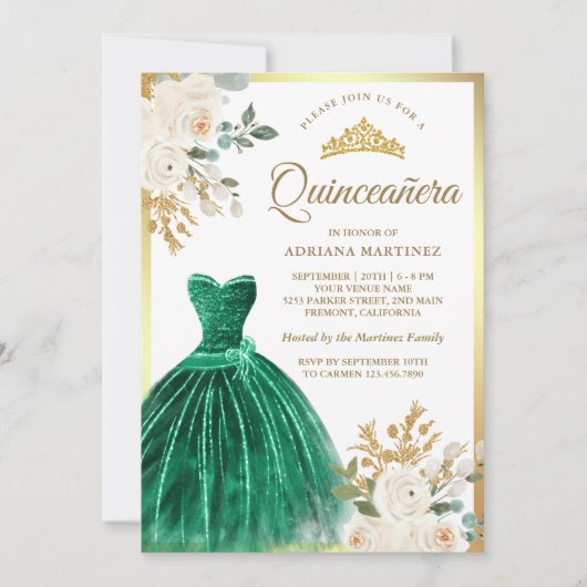 Ivory Floral Emerald Green Gown Gold Quinceanera Einladung (Vorderseite)
