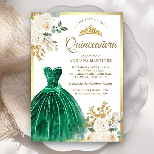 Ivory Floral Emerald Green Gown Gold Quinceanera Einladung