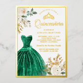 Ivory Floral Emerald Green Gown Quinceanera Gold Folieneinladung (Vorderseite)
