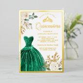 Ivory Floral Emerald Green Gown Quinceanera Gold Folieneinladung (Stehend vorne)