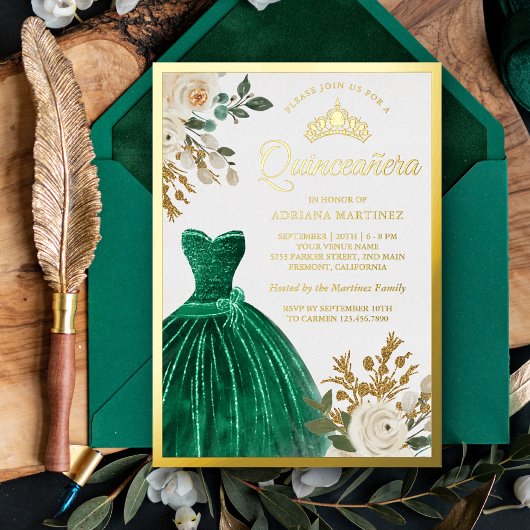 Ivory Floral Emerald Green Gown Quinceanera Gold Folieneinladung