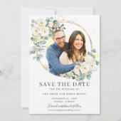 Ivory Floral Eukalyptus Foto Save the Date Karte (Vorderseite)