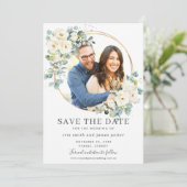Ivory Floral Eukalyptus Foto Save the Date Karte (Stehend Vorderseite)