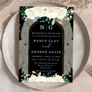 Ivory Floral Garden Monogram Black Wedding Einladung