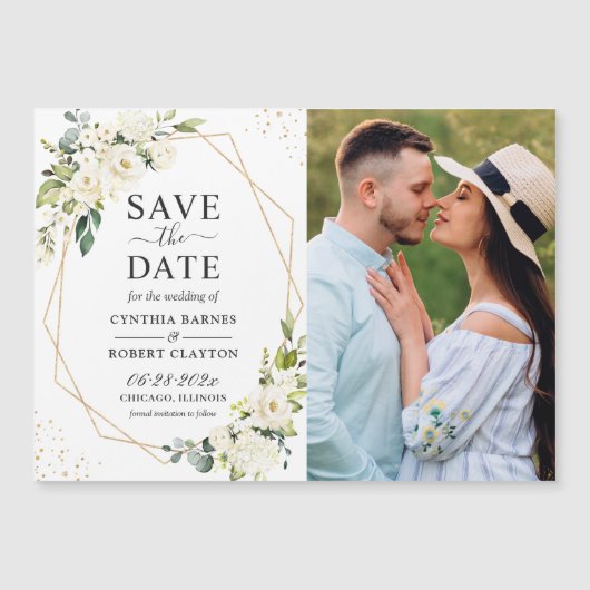 Ivory Floral Geometric Foto Speichern Sie das Date Magnetkarte (Vorderseite)