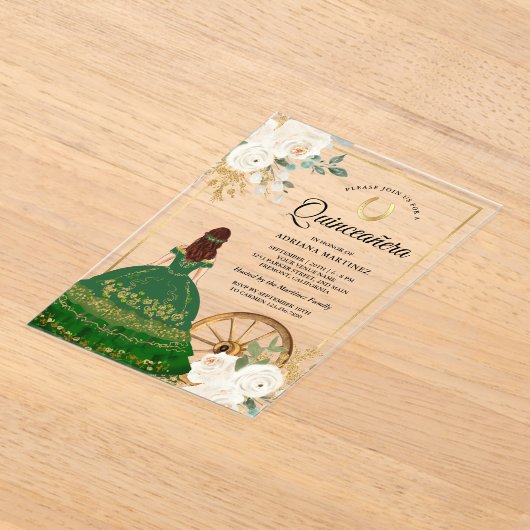 Ivory floral Green Dress Charro Gold Quinceanera Acryleinladungen (Ablage )