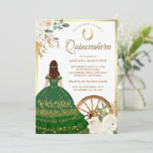 Ivory floral Green Dress Charro Gold Quinceanera Einladung (Stehend Vorderseite)