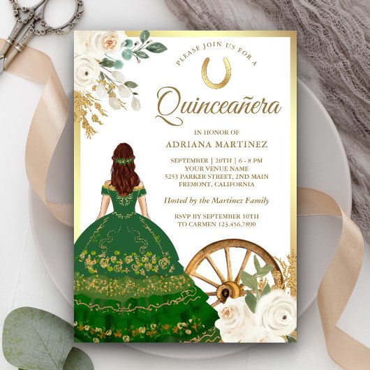 Ivory floral Green Dress Charro Gold Quinceanera Einladung