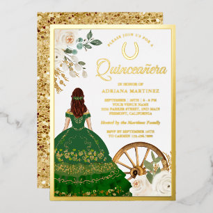 Ivory floral Green Dress Charro Quinceanera Gold Folieneinladung