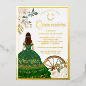 Ivory floral Green Dress Charro Quinceanera Gold Folieneinladung (Vorderseite)
