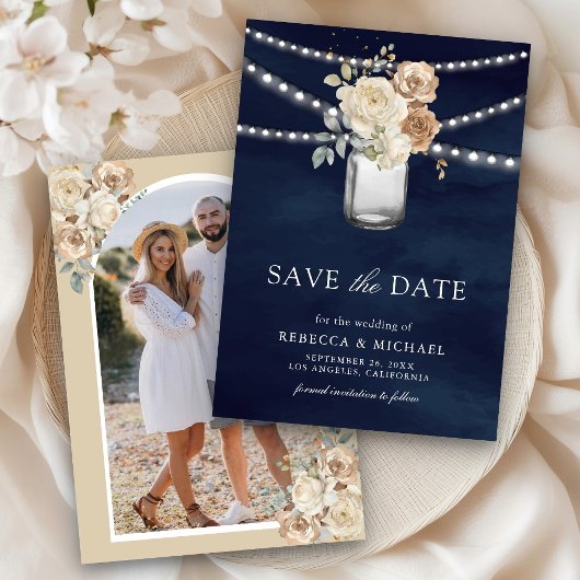 Ivory Floral Mason Jar Foto Navy Blue Wedding Save The Date
