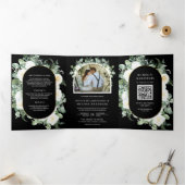 Ivory Floral Photo Black QR Code Wedding Dreifach Gefaltete Einladung (Innenseite)