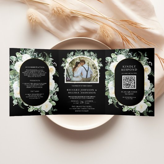 Ivory Floral Photo Black QR Code Wedding Dreifach Gefaltete Einladung