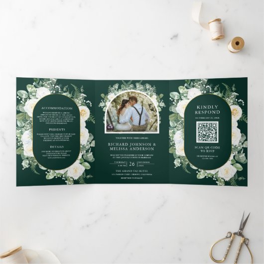 Ivory Floral Photo Emerald Green QR Code Wedding Dreifach Gefaltete Einladung (Innenseite)